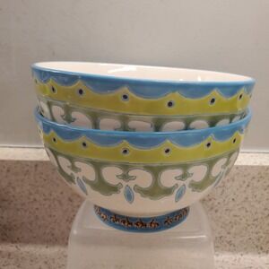 2 Artistic Accents Rice Soup Salad Dutch Wax Hand Painted 6" Bowls Footed Base